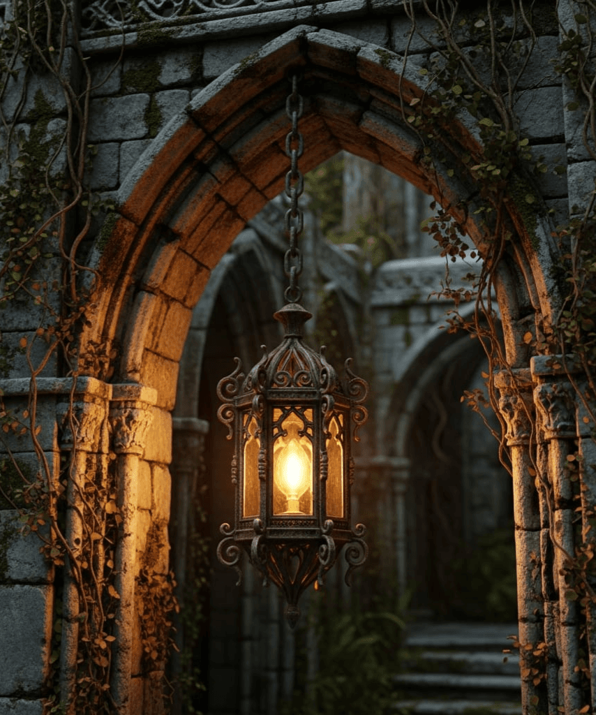 Iron lantern glowing in gothic archway
